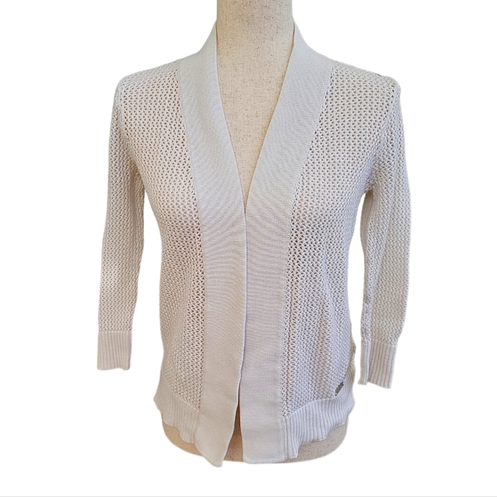 Michael Michael Kors macrame knit open cardigan sweater, S, white 3/4 sleeve